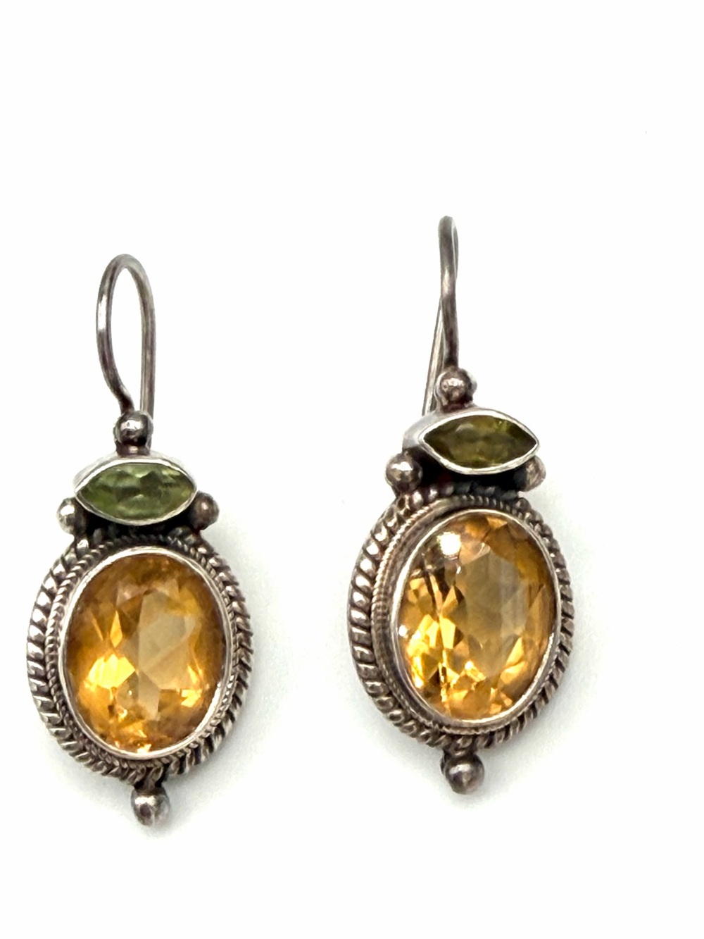 Vintage Artisan Yellow Citrine and Green Peridot Sterling Drop Earrings